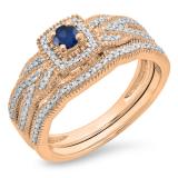 0.45 Carat (ctw) 10K Rose Gold Round Blue Sapphire & White Diamond Ladies Bridal Halo Engagement Ring With Matching Band Set 1/2 CT