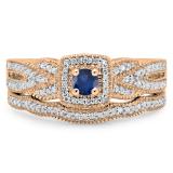 0.45 Carat (ctw) 10K Rose Gold Round Blue Sapphire & White Diamond Ladies Bridal Halo Engagement Ring With Matching Band Set 1/2 CT