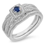 0.45 Carat (ctw) 10K White Gold Round Blue Sapphire & White Diamond Ladies Bridal Halo Engagement Ring With Matching Band Set 1/2 CT