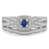 0.45 Carat (ctw) 10K White Gold Round Blue Sapphire & White Diamond Ladies Bridal Halo Engagement Ring With Matching Band Set 1/2 CT