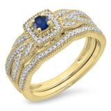 0.45 Carat (ctw) 14K Yellow Gold Round Blue Sapphire & White Diamond Ladies Bridal Halo Engagement Ring With Matching Band Set 1/2 CT