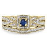 0.45 Carat (ctw) 18K Yellow Gold Round Blue Sapphire & White Diamond Ladies Bridal Halo Engagement Ring With Matching Band Set 1/2 CT