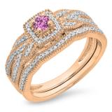 0.45 Carat (ctw) 14K Rose Gold Round Pink Sapphire & White Diamond Ladies Bridal Halo Engagement Ring With Matching Band Set 1/2 CT