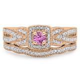 0.45 Carat (ctw) 14K Rose Gold Round Pink Sapphire & White Diamond Ladies Bridal Halo Engagement Ring With Matching Band Set 1/2 CT