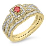 0.45 Carat (ctw) 18K Yellow Gold Round Ruby & White Diamond Ladies Bridal Halo Engagement Ring With Matching Band Set 1/2 CT