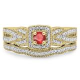 0.45 Carat (ctw) 18K Yellow Gold Round Ruby & White Diamond Ladies Bridal Halo Engagement Ring With Matching Band Set 1/2 CT