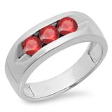 1.10 Carat (ctw) 10K White Gold Round Ruby Men's Channel Set 3 Stone Anniversary Wedding Band 1 CT