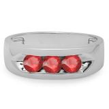 1.10 Carat (ctw) 10K White Gold Round Ruby Men's Channel Set 3 Stone Anniversary Wedding Band 1 CT
