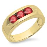 1.10 Carat (ctw) 14K Yellow Gold Round Ruby Men's Channel Set 3 Stone Anniversary Wedding Band 1 CT