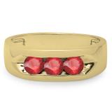 1.10 Carat (ctw) 14K Yellow Gold Round Ruby Men's Channel Set 3 Stone Anniversary Wedding Band 1 CT