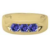 1.10 Carat (ctw) 14K Yellow Gold Real Round Tanzanite Men's Channel Set 3 Stone Anniversary Wedding Band 1 CT