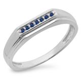 0.10 Carat (ctw) Sterling Silver Round Cut Blue Sapphire Men's 7 Stone Stackable Anniversary Wedding Band 1/10 CT