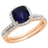 1.75 Carat (ctw) 14K Rose Gold Cushion Cut Blue Sapphire & Round Cut White Diamond Ladies Bridal Halo Engagement Ring With Matching Band Set 1 3/4 CT