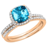 1.75 Carat (ctw) 10K Rose Gold Cushion Cut Blue Topaz & Round Cut White Diamond Ladies Bridal Halo Engagement Ring With Matching Band Set 1 3/4 CT