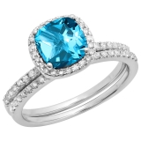 1.75 Carat (ctw) 14K White Gold Cushion Cut Blue Topaz & Round Cut White Diamond Ladies Bridal Halo Engagement Ring With Matching Band Set 1 3/4 CT