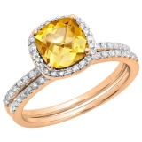 1.75 Carat (ctw) 10K Rose Gold Round Cut Citrine & White Diamond Ladies Bridal Halo Engagement Ring With Matching Band Set 1 3/4 CT