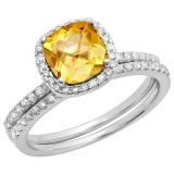 1.75 Carat (ctw) 10K White Gold Round Cut Citrine & White Diamond Ladies Bridal Halo Engagement Ring With Matching Band Set 1 3/4 CT