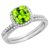 1.75 Carat (ctw) 10K White Gold Cushion Cut Peridot & Round Cut White Diamond Ladies Bridal Halo Engagement Ring With Matching Band Set 1 3/4 CT