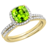 1.75 Carat (ctw) 14K Yellow Gold Cushion Cut Peridot & Round Cut White Diamond Ladies Bridal Halo Engagement Ring With Matching Band Set 1 3/4 CT