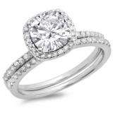 1.00 Carat (ctw) 14K White Gold Cushion Cut White Diamond & Round Cut White Diamond Ladies Bridal Halo Engagement Ring With Matching Band Set 1 3/4 CT