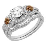 1.40 Carat (ctw) 14K White Gold Round Champagne & White Diamond Ladies 3 Stone Halo Bridal Engagement Ring With Matching Band Set