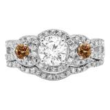 1.40 Carat (ctw) 14K White Gold Round Champagne & White Diamond Ladies 3 Stone Halo Bridal Engagement Ring With Matching Band Set