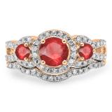 1.40 Carat (ctw) 10K Rose Gold Round Ruby & White Diamond Ladies 3 Stone Halo Bridal Engagement Ring With Matching Band Set
