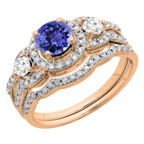0.66 Carat (ctw) 18K Rose Gold Round White Diamond Ladies 3 Stone Halo Bridal Engagement Ring With Matching Band(No Center Stone)