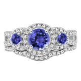 1.40 Carat (ctw) 14K White Gold Round Tanzanite & White Diamond Ladies 3 Stone Halo Bridal Engagement Ring With Matching Band Set