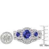 1.40 Carat (ctw) 14K White Gold Round Tanzanite & White Diamond Ladies 3 Stone Halo Bridal Engagement Ring With Matching Band Set