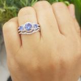 1.40 Carat (ctw) 14K White Gold Round Tanzanite & White Diamond Ladies 3 Stone Halo Bridal Engagement Ring With Matching Band Set