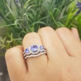 1.40 Carat (ctw) 14K White Gold Round Tanzanite & White Diamond Ladies 3 Stone Halo Bridal Engagement Ring With Matching Band Set