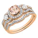 CZ CENTER STONE 0.76 Carat (ctw) 18K Rose Gold Round White Diamond Ladies 3 Stone Halo Bridal Engagement Ring With Matching Band Set