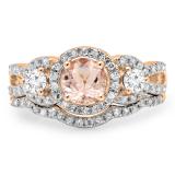 1.40 Carat (ctw) 18K Rose Gold Round Morganite & White Diamond Ladies 3 Stone Halo Bridal Engagement Ring With Matching Band Set