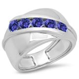1.00 Carat (ctw) Sterling Silver Real Round Tanzanite Men's Channel Set 5 Stone Anniversary Wedding Band 1 CT
