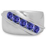 1.00 Carat (ctw) Sterling Silver Real Round Tanzanite Men's Channel Set 5 Stone Anniversary Wedding Band 1 CT