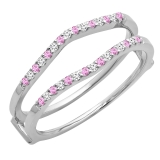 0.18 Carat (ctw) 10K White Gold Round Pink Sapphire & White Diamond Ladies Anniversary Wedding Band Enhancer Guard Double Ring