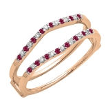 0.18 Carat (ctw) 10K Rose Gold Round Ruby & White Diamond Ladies Anniversary Wedding Band Enhancer Guard Double Ring