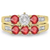 2.25 Carat (ctw) 18K Yellow Gold Round Cut Ruby & White Diamond Ladies Bridal 3 Stone Engagement Ring With Matching Band Set 2 1/4 CT