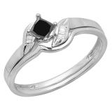 1.10 Carat (ctw) 14K White Gold Princess & Baguette Cut Black & White Diamond Ladies Bridal Engagement Ring Matching Band Set 1/2 CT