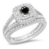 1.00 Carat (ctw) 18K White Gold Round Cut Black & White Diamond Ladies Bridal Split Shank Halo Engagement Ring With Matching Band Set 1 CT