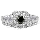 1.00 Carat (ctw) 18K White Gold Round Cut Black & White Diamond Ladies Bridal Split Shank Halo Engagement Ring With Matching Band Set 1 CT
