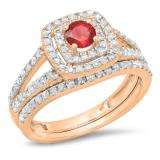 1.00 Carat (ctw) 18K Rose Gold Round Cut Ruby & White Diamond Ladies Bridal Split Shank Halo Engagement Ring With Matching Band Set 1 CT