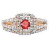 1.00 Carat (ctw) 18K Rose Gold Round Cut Ruby & White Diamond Ladies Bridal Split Shank Halo Engagement Ring With Matching Band Set 1 CT