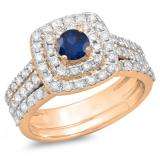 1.50 Carat (ctw) 10K Rose Gold Round Blue Sapphire & White Diamond Ladies Halo Style Bridal Engagement Ring Matching Band Set 1 1/2 CT