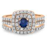 1.50 Carat (ctw) 10K Rose Gold Round Blue Sapphire & White Diamond Ladies Halo Style Bridal Engagement Ring Matching Band Set 1 1/2 CT