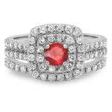 1.50 Carat (ctw) 10K White Gold Round Ruby & White Diamond Ladies Halo Style Bridal Engagement Ring Matching Band Set 1 1/2 CT
