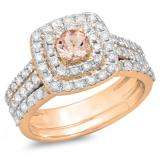 1.50 Carat (ctw) 10K Rose Gold Round Morganite & White Diamond Ladies Halo Style Bridal Engagement Ring Matching Band Set 1 1/2 CT