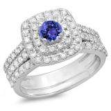 1.50 Carat (ctw) 10K White Gold Round Tanzanite & White Diamond Ladies Halo Style Bridal Engagement Ring Matching Band Set 1 1/2 CT