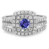 1.50 Carat (ctw) 10K White Gold Round Tanzanite & White Diamond Ladies Halo Style Bridal Engagement Ring Matching Band Set 1 1/2 CT